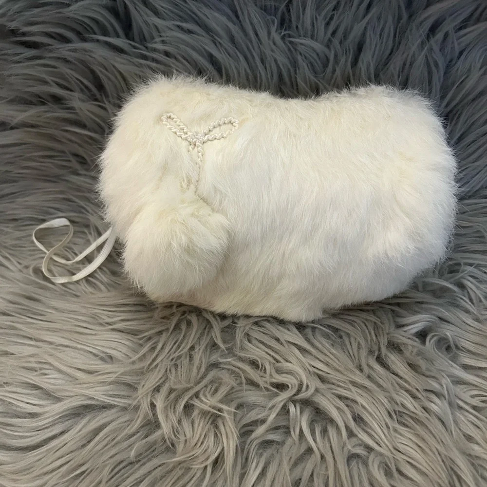 Girls Elegant Vintage White Rabbit Fur Hand muff, Satin lining, 8 inches Long